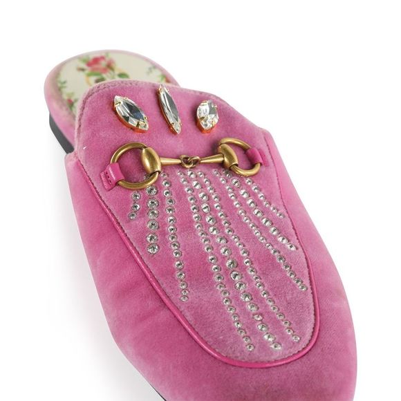 Pre Loved Gucci Pink Velvet Crystal Embellished Horsebit Princetown Mules Flats - Picture 7 of 8
